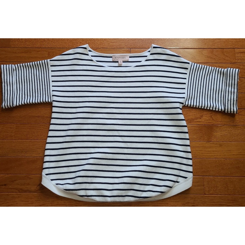 Philosophy Republic Clothing Top Cream Navy Rolled Sleeve‎ Stripe M Nautical